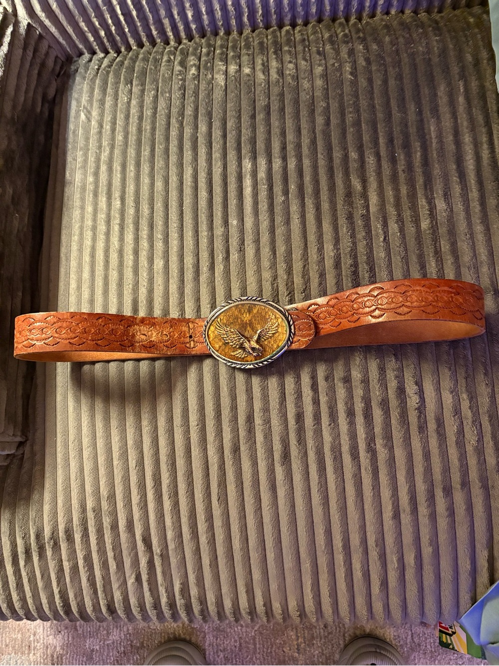 Men's Brown Tooled Leather Belt with Eagle Buckle